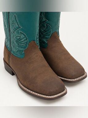 MASTERSON Kids Genuine Leather/Suede Brown and Teal Western Pull-On Cowboy Boots
